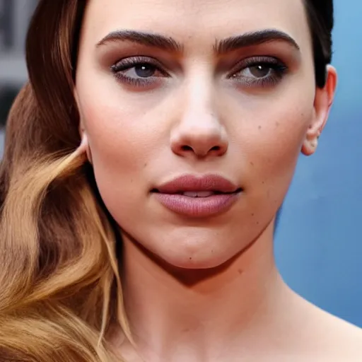 Image similar to a woman who is a genetic combination of kim kardashian and kat dennings and scarlett johansson and margot robbie and emma watson, face and upper - body focus