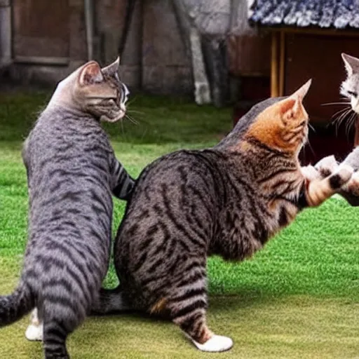 Image similar to cats fighting like samurai