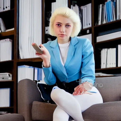 Prompt: 19-year-old Aristocratic platinum-blonde-haired hime-cut blue-eyed French empress wearing white leggings and black jacket, sitting in office, cchatting with communist officer, futuristic gadgets, HD photograph