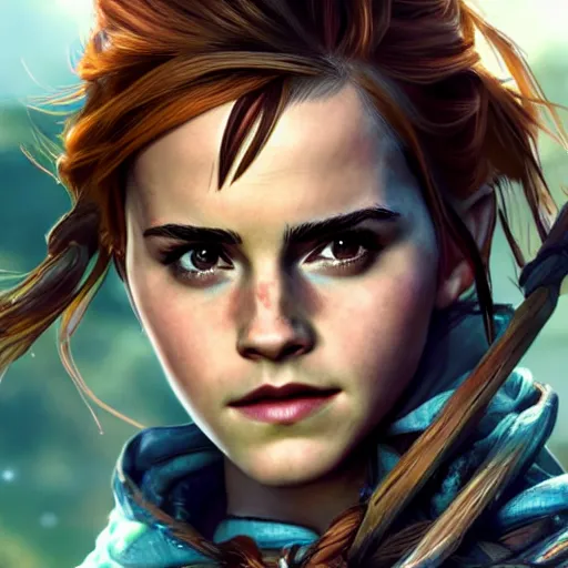 Image similar to emma watson as aloy from horizon zero dawn in the style of artgerm, wlop, digital art, close-up, insanly detailed