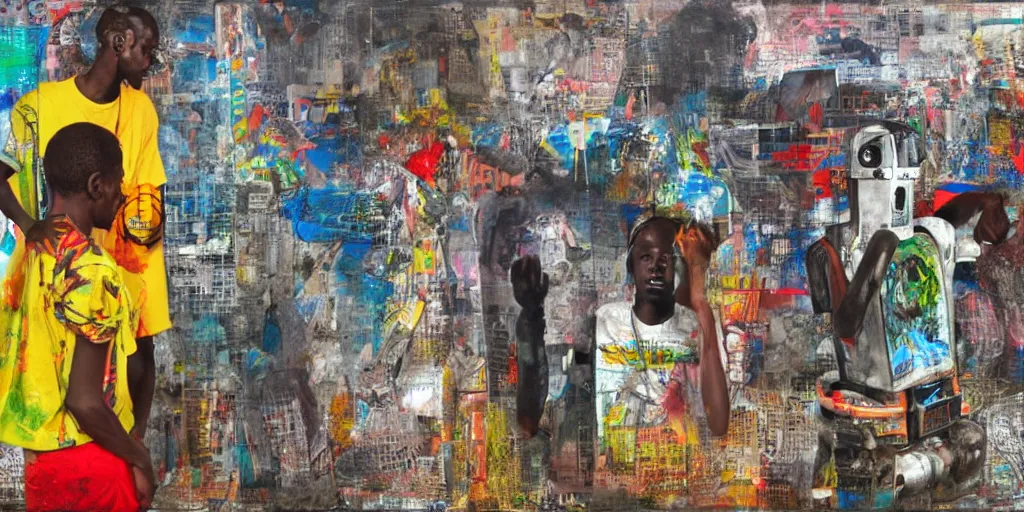 Image similar to robot in Ajegunle slum of Lagos conversing with African Jesus Christ about beauty under a large UFO beaming a neon ray, painting by Robert Rauschenberg,