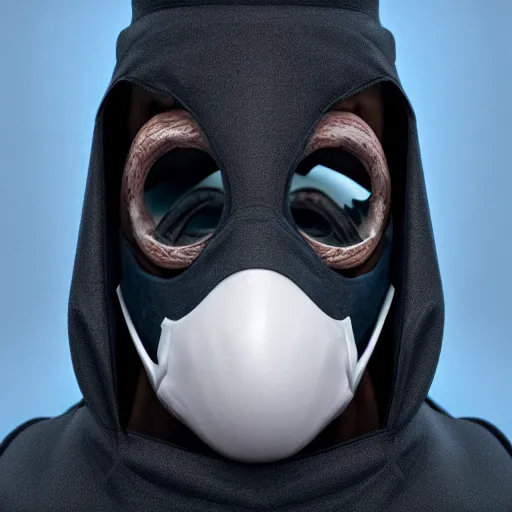 Image similar to a highly detailed, portrait of a man with black hair with a black medical mask, in a hood in the form of a blue shark with white teeth, artstation, DeviantArt, professional, octane render, digital art