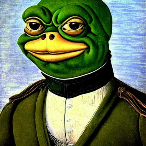 Prompt: pepe the frog as 1 8 th century prussian soldier, elegant portrait by sandro botticelli, detailed, symmetrical, intricate