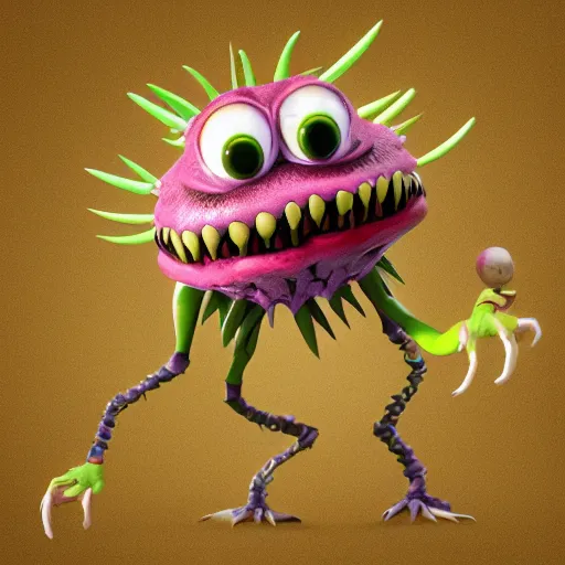 Prompt: cute insect plant creature with big eyes and teeth, many arms and legs with radial symmetry, detailed character concept 3 d pixar style render 4 k