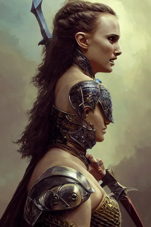 Image similar to natalie portman, legendary warrior, heroic, lord of the rings, tattoos, decorative ornaments, battle armor, by carl spitzweg, ismail inceoglu, vdragan bibin, hans thoma, greg rutkowski, alexandros pyromallis, perfect face, fine details, realistic shading photorealism