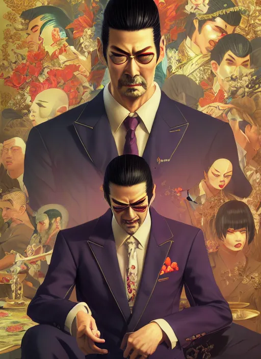 Image similar to highly detailed portrait of yakuza 0's goro majima, stephen bliss, unreal engine, greg rutkowski, loish, rhads, beeple, makoto shinkai and lois van baarle, ilya kuvshinov, rossdraws, tom bagshaw, tom whalen, alphonse mucha, global illumination, god rays, detailed and intricate environment