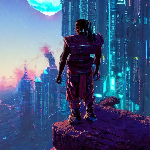 Image similar to a cyberpunk zulu warrior sitting on a cliff watching a meteor fall to earth from a distance, by alena aenami and android jones and greg rutkowski, Trending on artstation, hyperrealism, elegant, stylized, highly detailed digital art, 8k resolution, hd, global illumination, ray tracing, radiant light, volumetric lighting, detailed and intricate cyberpunk ghetto environment, rendered in octane, oil on canvas, wide angle, dynamic portrait