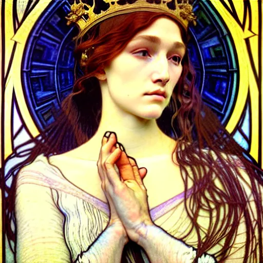 Image similar to detailed realistic beautiful young medieval queen face portrait by jean delville, alphonse mucha, vincent van gogh, and marco mazzoni, art nouveau, symbolist, visionary, gothic, pre - raphaelite