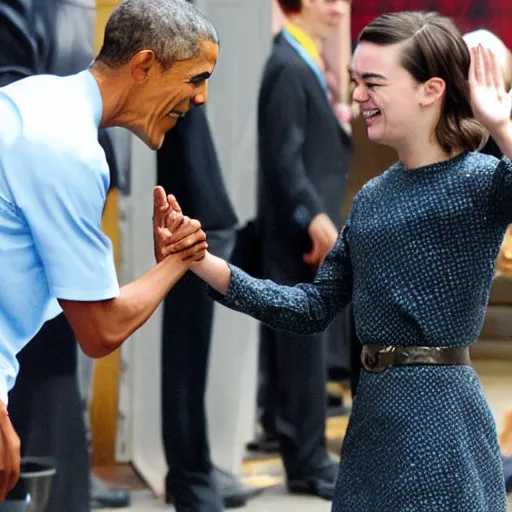 Image similar to paparazzi photo of arya stark high fiving barrack obama