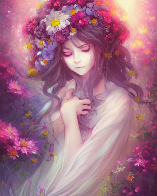 Prompt: a painting of a beautiful huggy wuggy surrounded by flowers, an ultrafine detailed painting by ross tran, centered full body, featured on deviantart, fantasy art, detailed painting, deviantart, anime