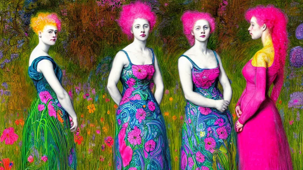 Prompt: photo-realistic portrait of two young women with neon pink hair, wearing a neon blue dress by Vivienne Westwood, standing in a garden full of psychedelic flowers, intricate details, in the style of John Everett Millais, black background