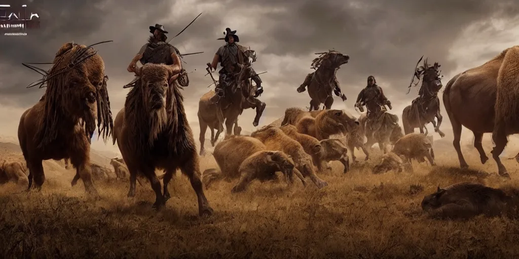 Image similar to futuristic indian hunts bison herd, action scene, an epic western, dramatic lighting, cinematic, establishing shot, extremely high detail, photorealistic, cinematic lighting, artstation, octane render, old photo, buffalo hunt movie, alpha movie, western, ultra sharp, clean symmetrical faces, high detail, intricate,hypermaximalist,hyper realism