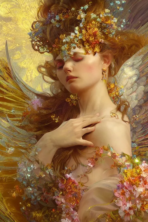 Prompt: an intricate painting of a beautifull angel with fire wings surrounded by flowing flower petals, hyper detailed, ornamental gold headpiece, octane render, vivid colors, artstation, by jeremy mann, by alphonse mucha, by boris vallejo