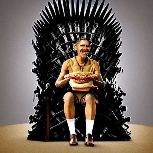 Prompt: barrack obama, sitting on the iron throne, eating a burger, anatomically correct
