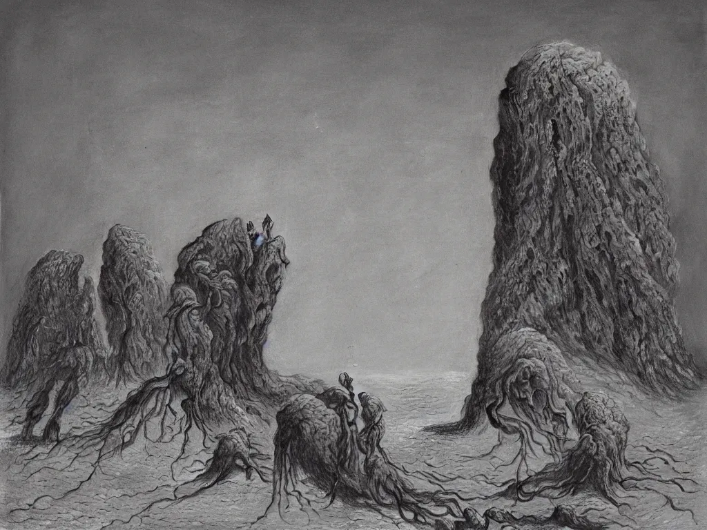 Image similar to Eldritch horror descending from the moon on a desert land, by zdzisław beksiński