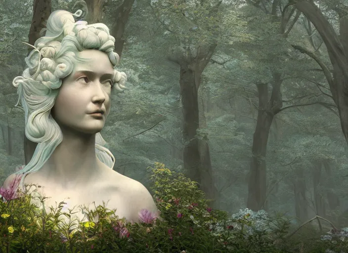 Image similar to an idealistic marble statue with fractal flowery hair, in a magical forest, painted by, mc escher, gordon onslow ford, georgia o'keeffe and ivan aivazovsky, cinematic light, god rays, colourful, unreal engine, zbrush central,