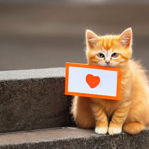 Image similar to cute fluffy orange tabby kitten with a sign that says