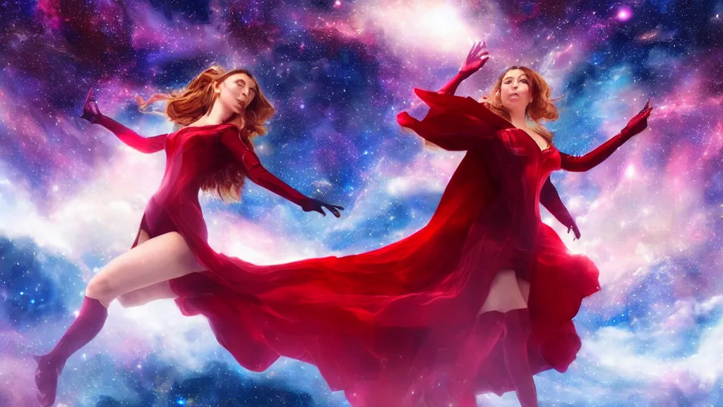 Prompt: a beautiful Scarlett witch, floating in space, stars, galaxy, HDR, dreamscape, dramatic lighting, fantasy art illustration, trending on artstation, Aetherpunk