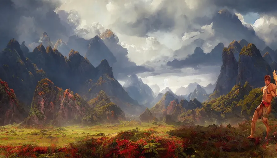 Image similar to excellent painted daemon in a wide epic beautiful landscape somewhere in asia with fluffy clouds, painted by Hans Fredrik Gude, Greg Rutkowksi, Craig Mullins and Artgerm, masterpiece, 4k, ultra realistic highly detailed oil painting