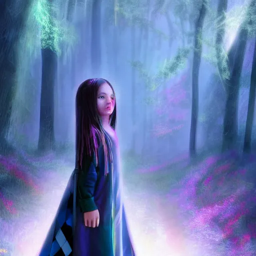 Image similar to mysterious girl child with her long black hair dressed in a chequered robe, chequered cape, carrying blue very big magical crystal, epic scene, atmospheric, surrounded by magical light, digital art, hd, 4 k, hyper detailed