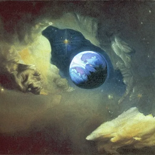 Prompt: the creation of the human race from the cosmos, detailed oil painting by goya and beksinsky and alan lee