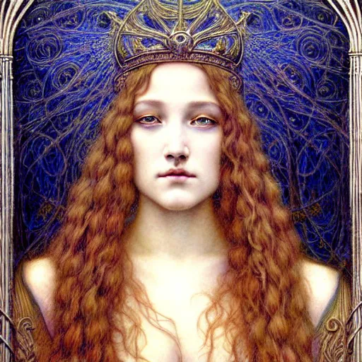 Image similar to detailed realistic beautiful young medieval queen face portrait by jean delville, gustave dore and marco mazzoni, art nouveau, symbolist, visionary, gothic, pre - raphaelite