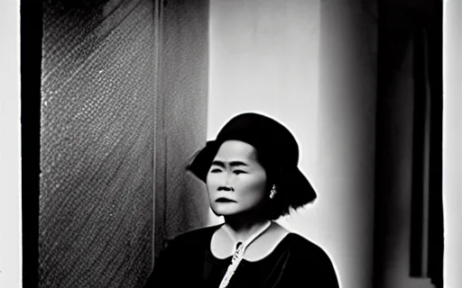 Image similar to A Filipino woman in a tuxedo vapes by the club entrance, film still, b&w, grainy, by F.W. Murnau, chiaroscuro