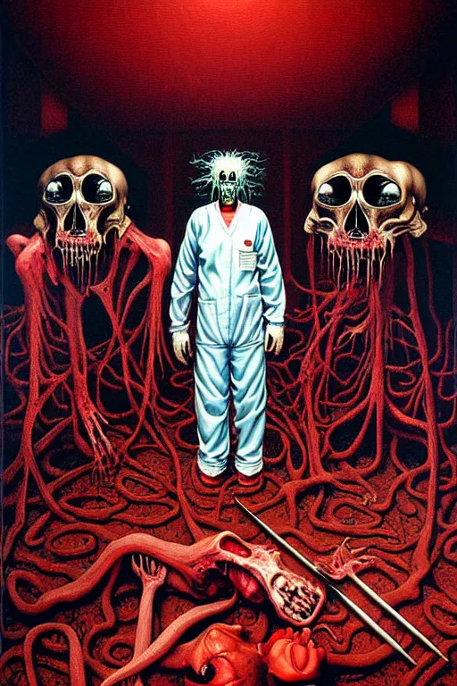 Image similar to a hyperrealistic painting of a horror slaughter house autopsy room with evil surgeons and scary creatures, cinematic horror by chris cunningham, lisa frank, richard corben, highly detailed, vivid color, beksinski painting, part by adrian ghenie and gerhard richter. art by takato yamamoto. masterpiece