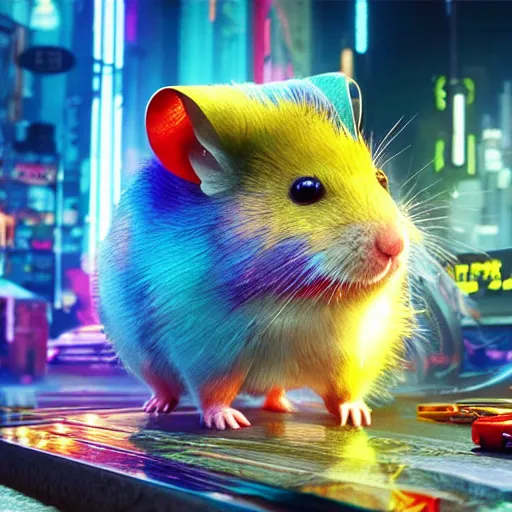 Image similar to rainbow hamster in the style of cyberpunk 2 0 7 7, 8 k, hd, light reflection