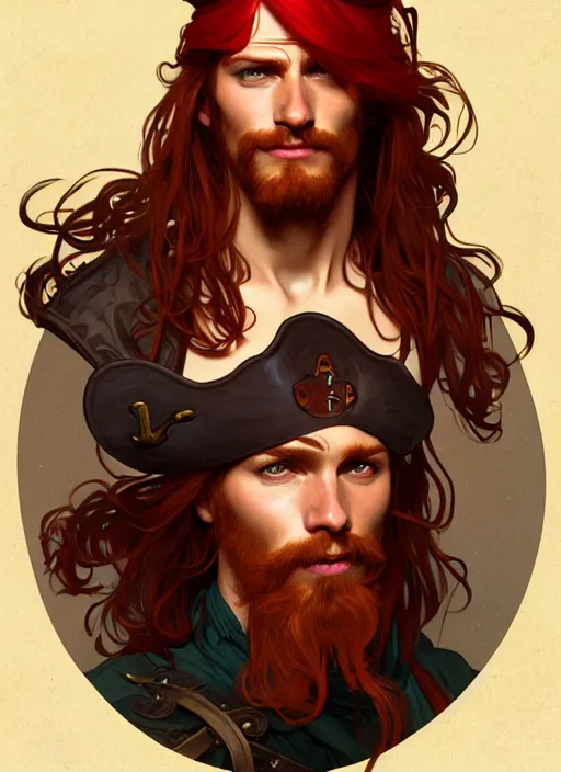 Image similar to portrait of a young ruggedly handsome but joyful pirate, male, masculine, full body, red hair, long hair, d & d, fantasy, intricate, elegant, highly detailed, digital painting, artstation, concept art, matte, sharp focus, illustration, art by alphonse mucha