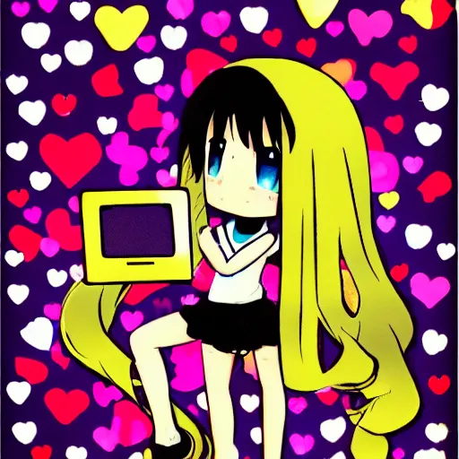 Image similar to ms paint webcore anime girl, glitchcore, 2 0 0 0 s, tamagotchi, hearts, stars, cabinet card style, pixiv