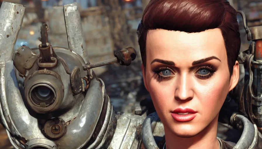 Image similar to closeup fallout 4 character screenshot of katy perry, enb, ambient occlusion, subsurface scattering, solo portrait, 4 k, bokeh, beautiful, detailed