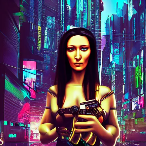 Prompt: Cyberpunk monalisa, cyberpunk in a cyberpunk city, 8k, trending on artstation, professionally detailed