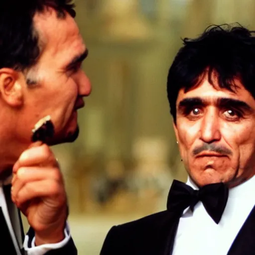 Image similar to tony montana with the face of bush sniffing tiny immigrants