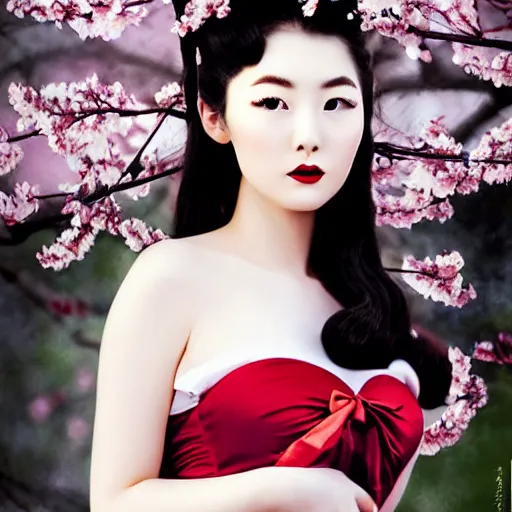 Image similar to pin - up portrait of a beautiful young traditional korean woman, pretty long hair, cherry blossoms, intense flirting, showing curves, symmetrical face, digital art, smooth, extremely detailed, model pose, intense look, dream, gorgeous young model, traditional beauty, pretty, by wu bayard, by gil elvgren, by ralph horsley, by hanks steve