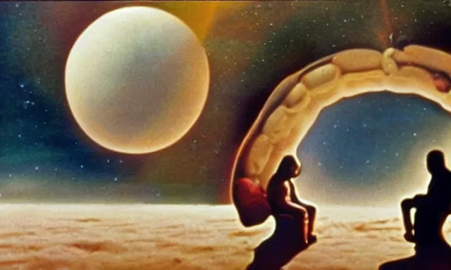 Image similar to full - color cinematic movie still from a 1 9 6 8 surreal film directed by salvador dali about astronauts traveling to the moon in a rocket - ship. bizarre ; dream - like.