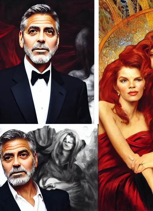 Prompt: george clooney wearing a formal black suit and kim basinger wearing a red dress in love sitting side by side, highly detailed, focus stacked, candid portrait, art by artgerm and greg rutkowski and alphonse mucha and monet and rembrandt