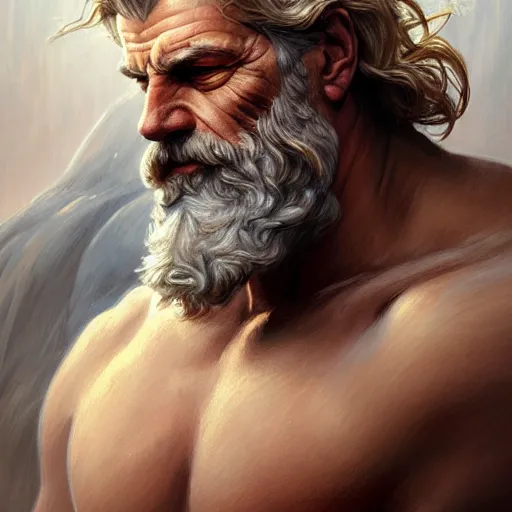 Image similar to portrait of rugged zeus, greek god, salt and pepper hair, soft hair, d & d, muscular, fantasy, intricate, elegant, highly detailed, digital painting, artstation, concept art, smooth, sharp focus, illustration, art by artgerm and greg rutkowski and alphonse mucha