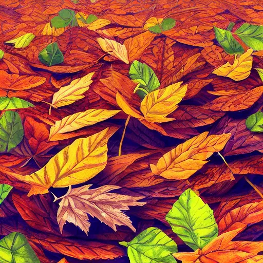 Image similar to pile of leaves, concept art, illustrated, highly detailed, high quality, bright colors, optimistic,