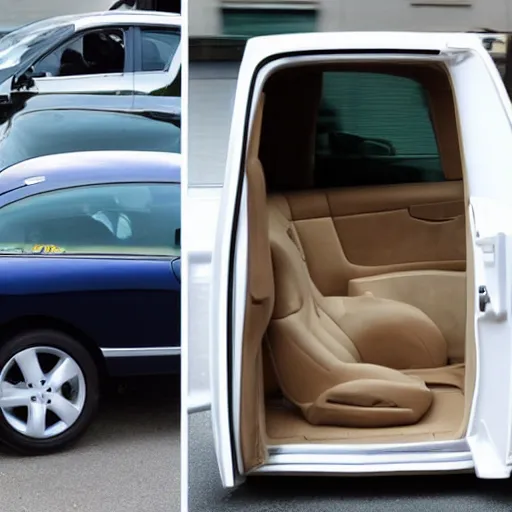 Image similar to a mid 2000s car with its doors replaced with white wooden doors