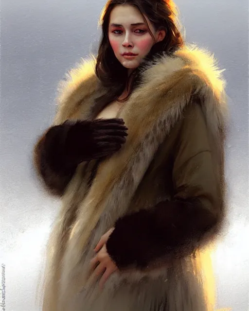 Image similar to a beautiful siberian girl with bear fur coat and decollete | | realistic shaded, unpleasant face, bad looking, fine details, realistic shaded lighting poster by greg rutkowski, magali villeneuve, artgerm, jeremy lipkin and michael garmash and rob rey