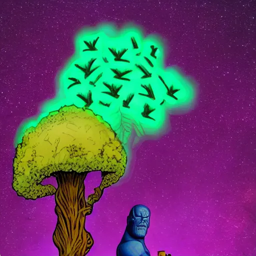 Image similar to thanos eating psilocybin mushrooms on the top of a tree glowing in florescent colors