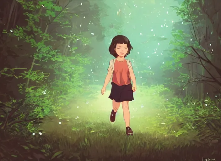 Image similar to little girl with short wavy curly light brown hair chasing fireflies in the woods. clean cel shaded vector art. shutterstock. behance hd by lois van baarle, artgerm, helen huang, by makoto shinkai and ilya kuvshinov, rossdraws, illustration, art by ilya kuvshinov