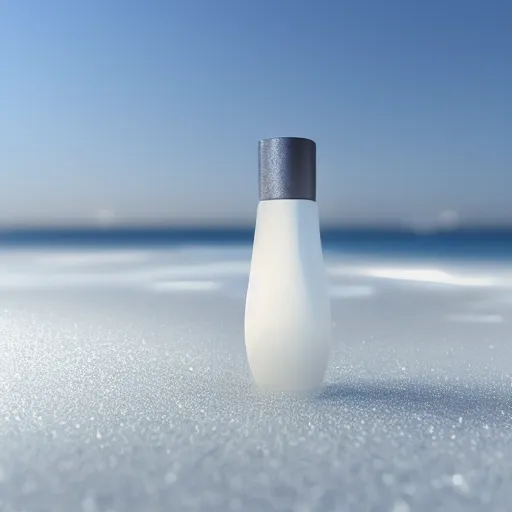 Image similar to perfume bottle buried in white glitter on a zen clean modern minimalist beach with an ocean view, frozen and covered in ice, by peter tarka in an ivory room well contoured smooth fair walls, zaha hadid octane highly render, 4 k, ultra hd,