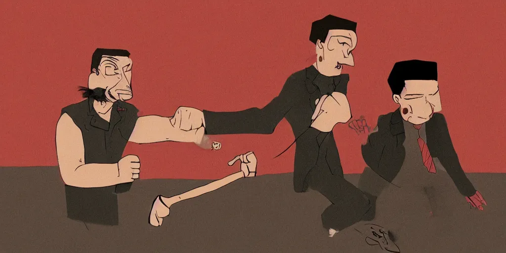 Image similar to A fist fight between two men, in the style of David Lynch, by Wes Anderson, concept art, arstation