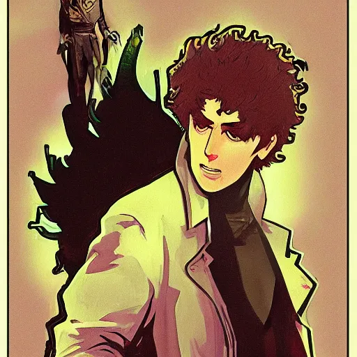 Prompt: concept art, silhouette of Spike Spiegel in front of Ganymede in the style of Alphonse Mucha and Hiroya Oku, 4k, artstation,