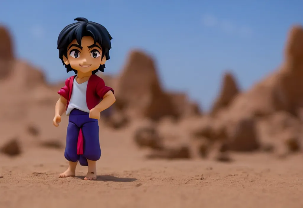 Image similar to side view of young aladdin of disney movie as nendoroid running in desert village, 8 k hd dof, kodak film,