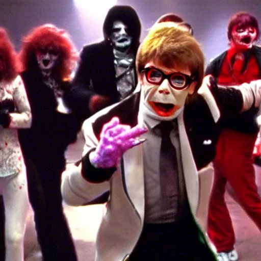 Prompt: Austin Powers as a zombie dancing to thriller