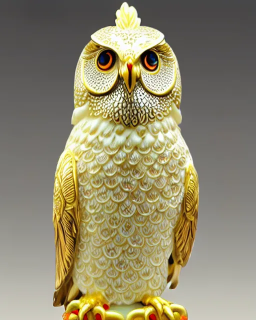 Image similar to gorgeous ornated snow white porcelain realistic detailed sacred owl statue with golden filigree carved out of ivory