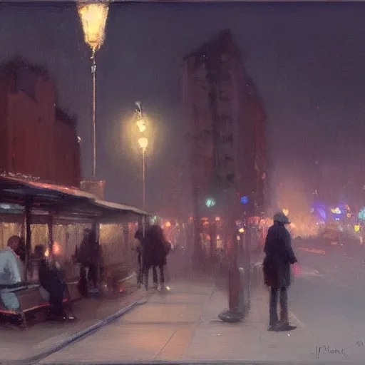 Image similar to a some people waiting in a lone bus stop in quiet dark city night, high quality, high resolution,detailed, by Jeremy Lipking evocative